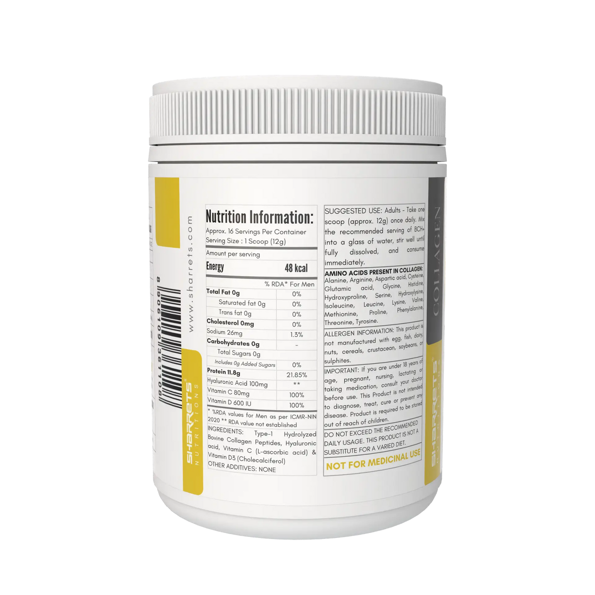 Sharrets BCH+ Grass Fed Bovine Collagen Peptides nutrition information and ingredients, with Hyaluronic Acid, Vitamin C and Vitamin D3, 12g serving size, 200g collagen powder