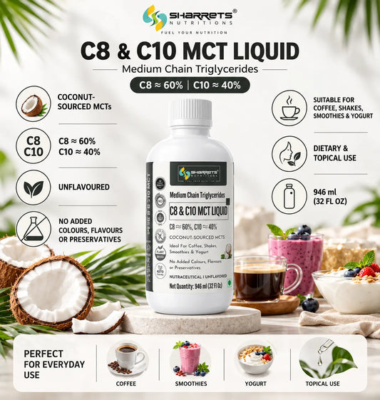 Sharrets C8 C10 MCT Oil Liquid with approximately 60% C8 and 40% C10, coconut-sourced MCT oil suitable for coffee, smoothies, shakes, yogurt and dietary and topical use