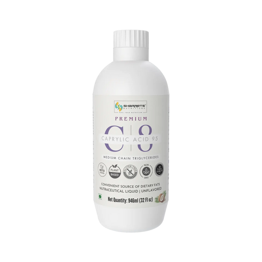 Sharrets Premium C8 MCT Oil 95% Caprylic Acid 946ml, unflavoured medium-chain triglyceride oil derived from coconut oil.