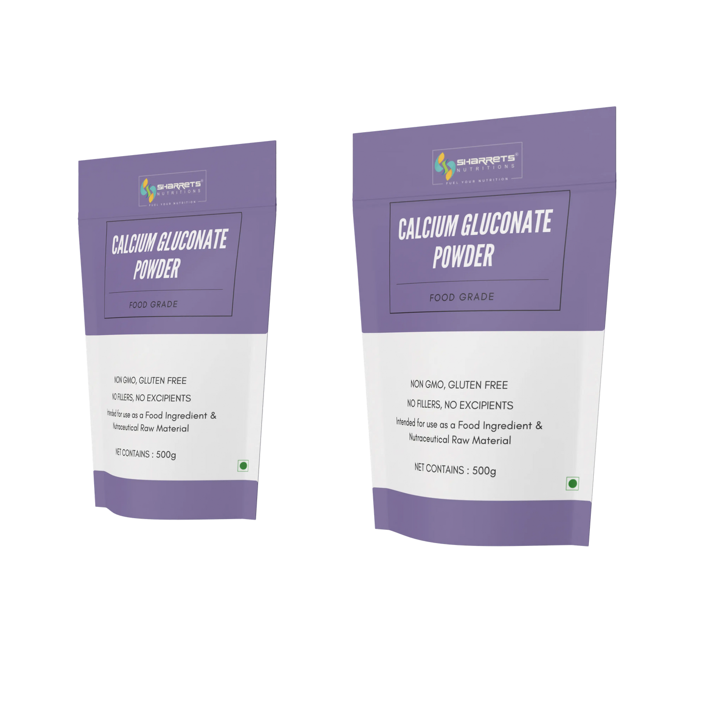Two packages of SHARRETS Calcium Gluconate Powder on a white background