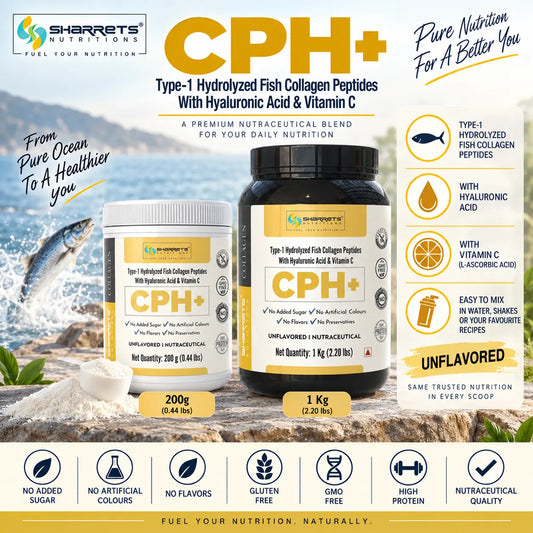 Promotional graphic for Sharrets Nutrition's CPH+ Type-1 Hydrolyzed Fish Collagen Peptides. The image features two product containers: a 200g white jar and a 1 Kg black jar, both with white labels.