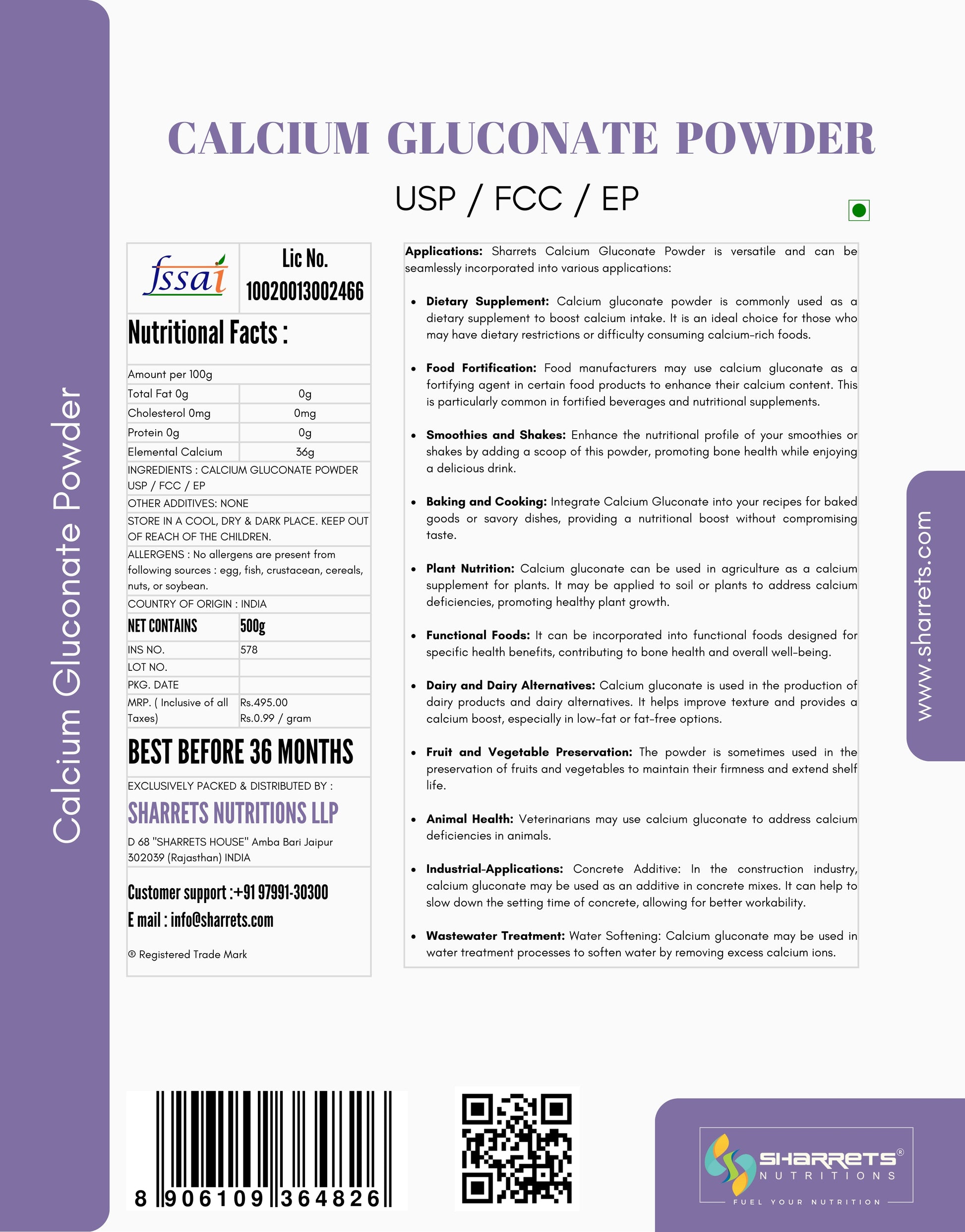 Sharrets Calcium Gluconate Powder 500g