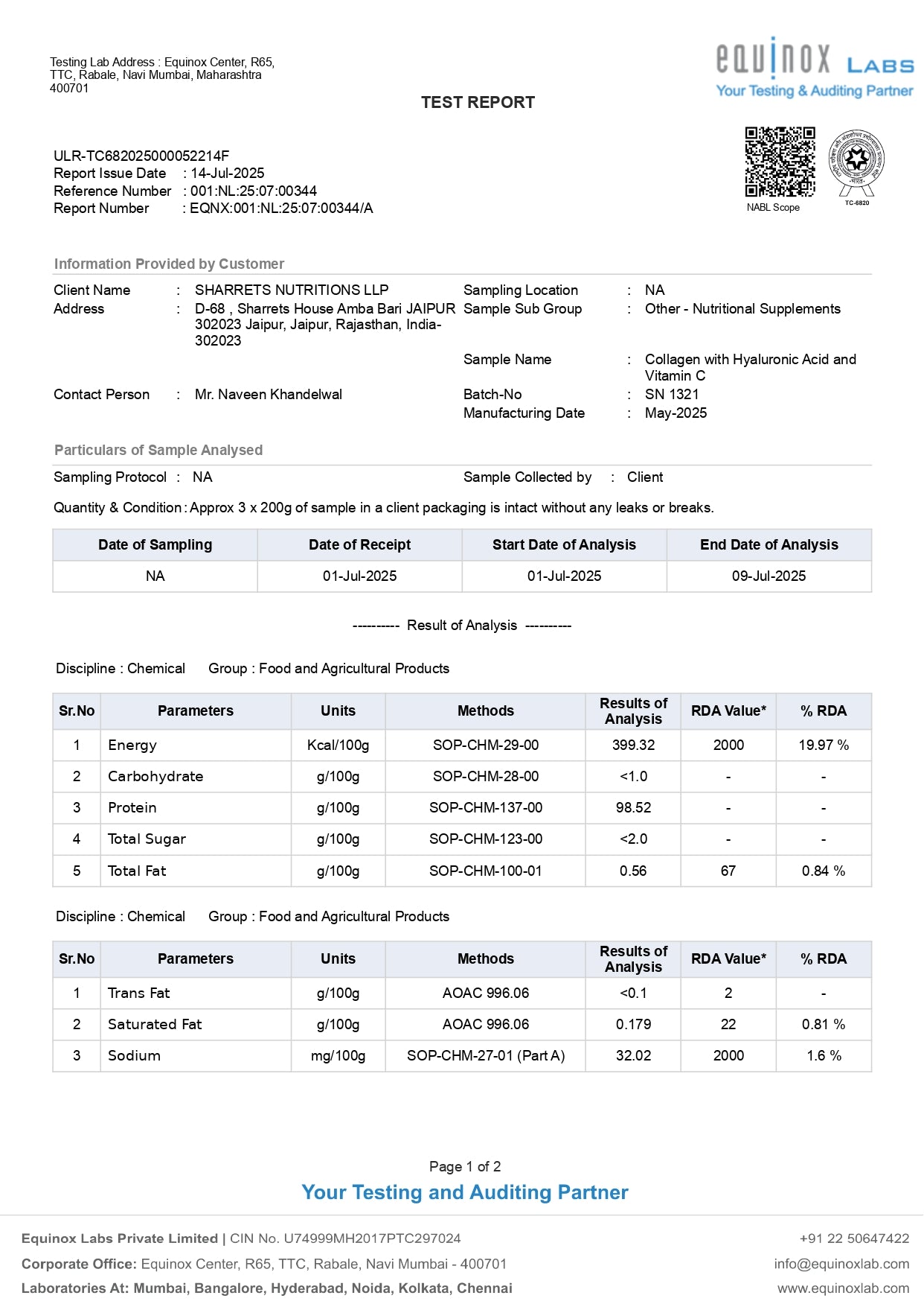 sharrets cph collagen supplement- coa