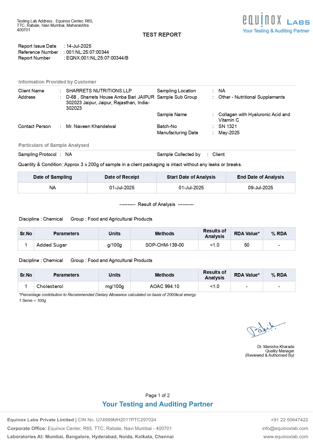 sharrets cph collagen supplement- coa