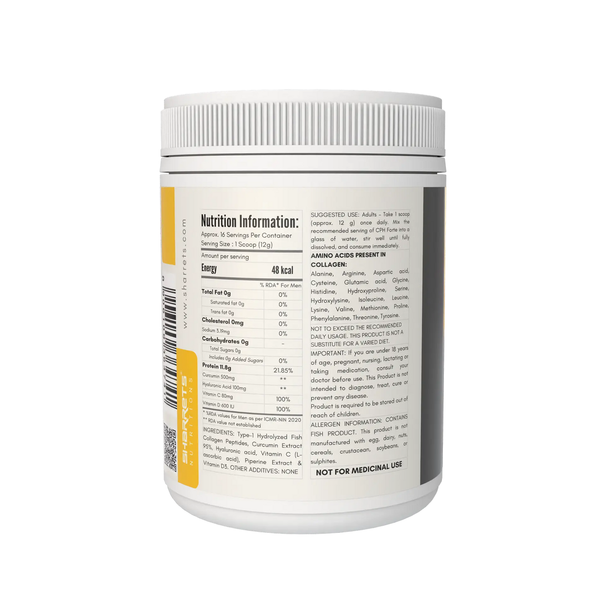 A white plastic supplement tub shown from the back, featuring a white label with a yellow left panel, a gray right panel, and a barcode. The label contains nutritional information and product details for a SHARRETS collagen powder.