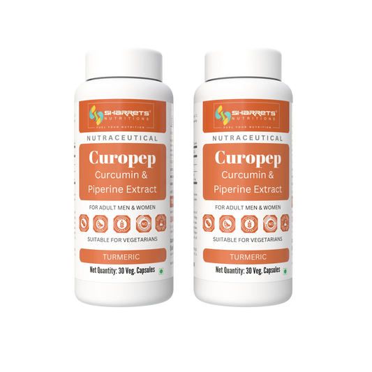 Two white bottles of Sharrets Nutritions Curopep Curcumin & Piperine Extract dietary supplement, displayed side-by-side on a solid white background.