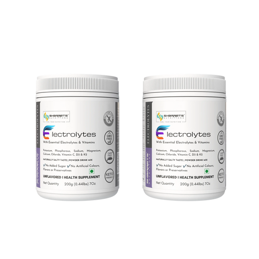 Sharrets electrolytes Powder Unflavored 200g with Essential Vitamins & Minerals- sodium, potassium, magnesium, and calcium, along with added vitamins such as vitamin C, vitamin K2, and vitamin D3.- pack of 2