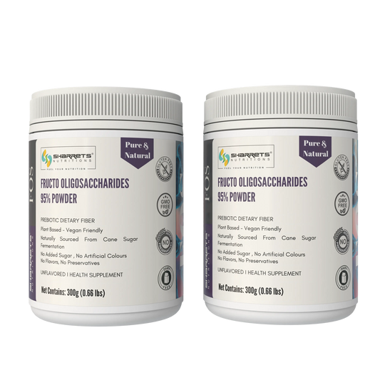 Two containers of Fructo Oligosaccharides 95% Powder by Sharrets nutritions on a white background.