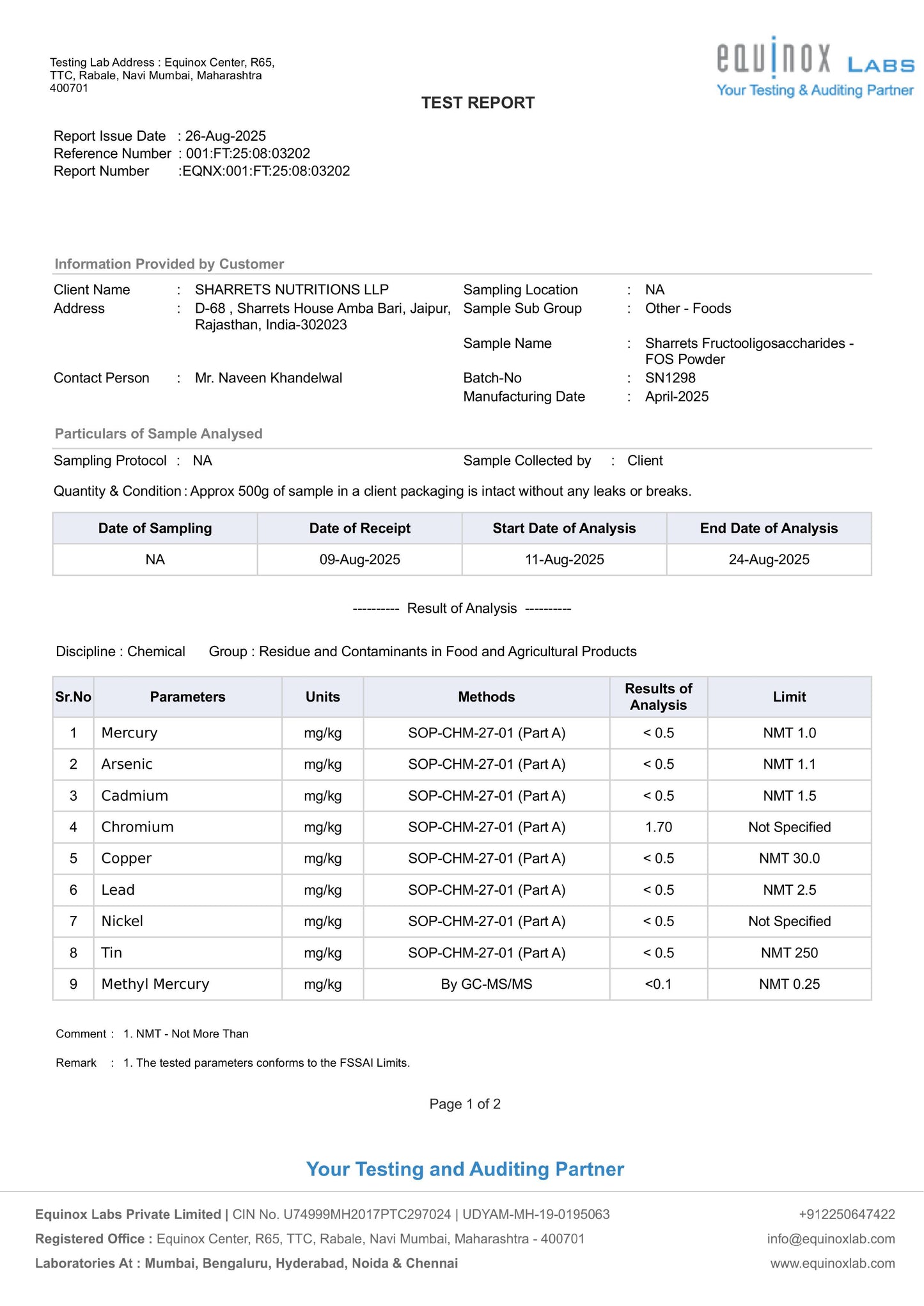Test report from Equinox Labs with analysis results for food and agricultural products.