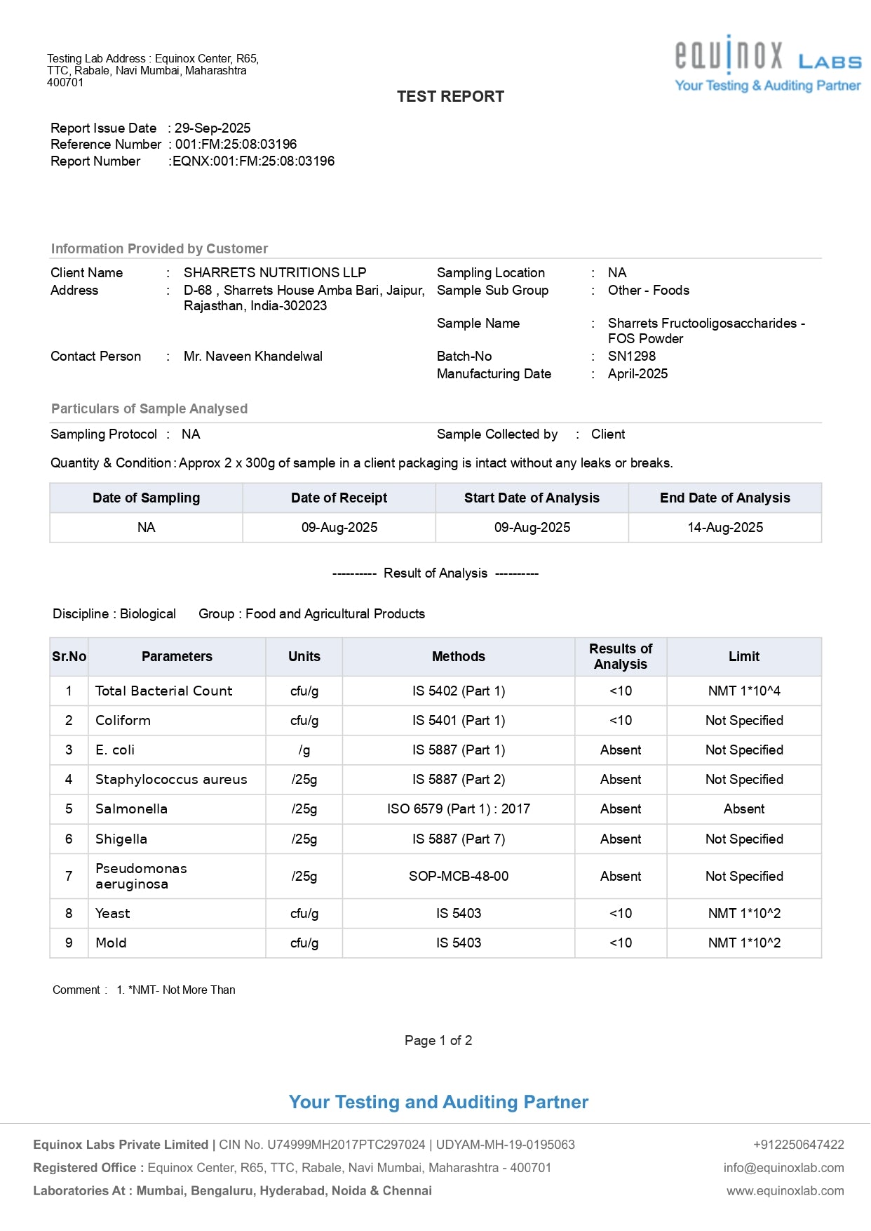 Sharrets Nutritions Fructooligosaccharides Prebiotic - MICROBIOLOGY COA