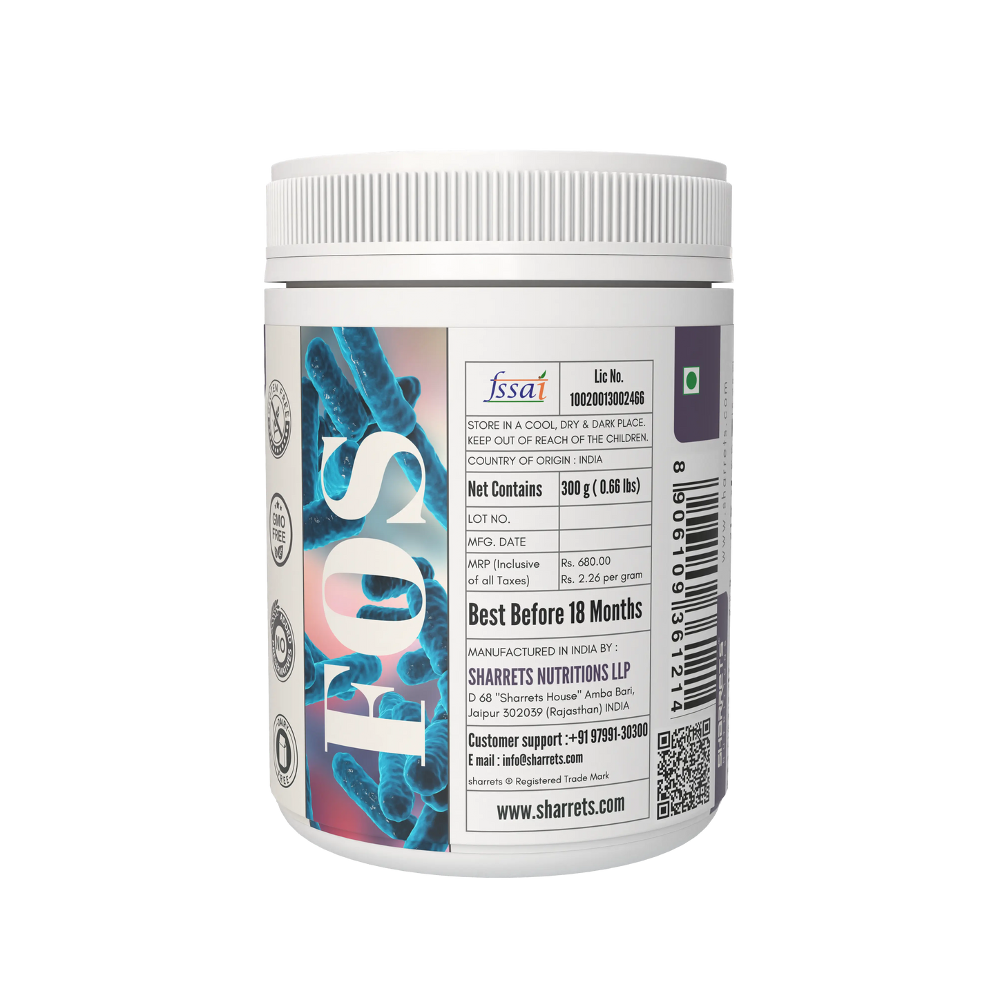 Supplement container with label on a white background - Sharrets Nutritions Fructooligosaccharides Prebiotic