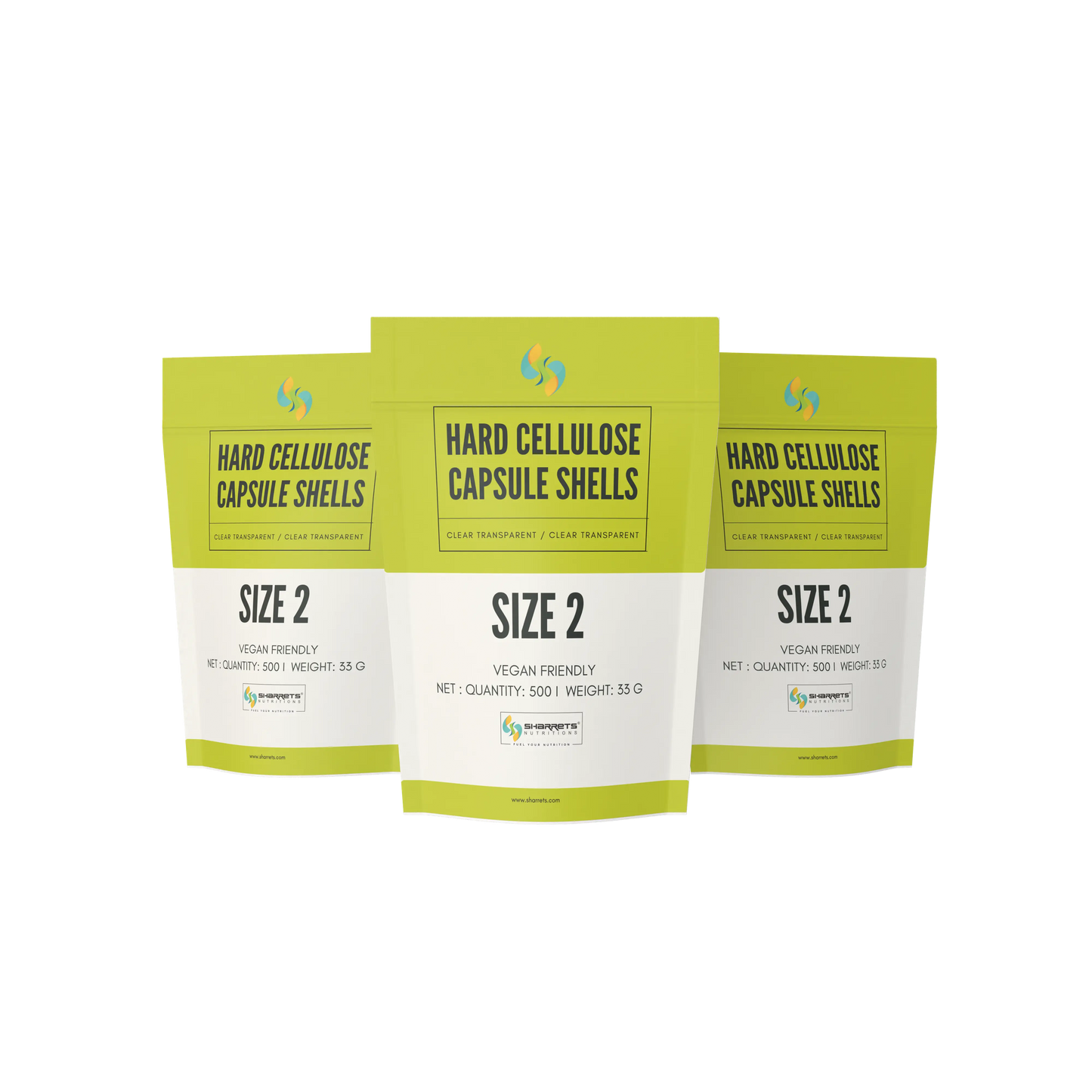 Three packages of hard cellulose capsule shells with green and white design on a white background