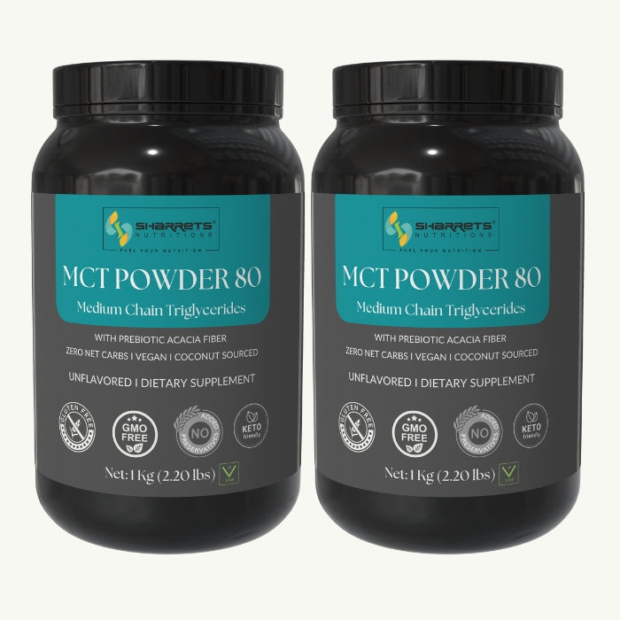Two containers of Sharretts MCT Powder 80 on a black background