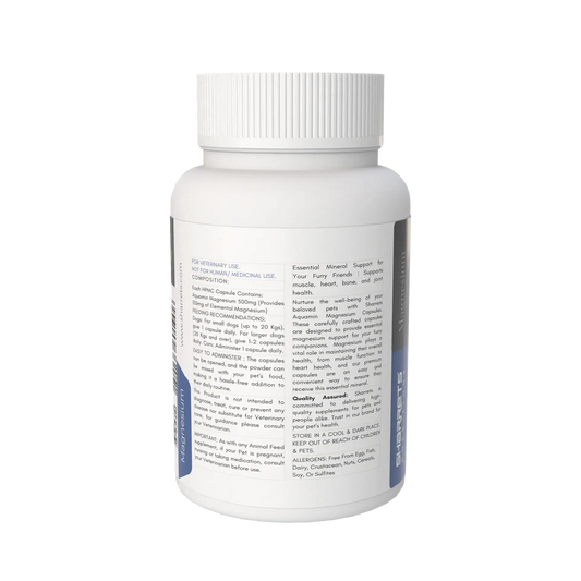 White supplement bottle with text on a white background - Aquamin Magnesium Capsules Pets