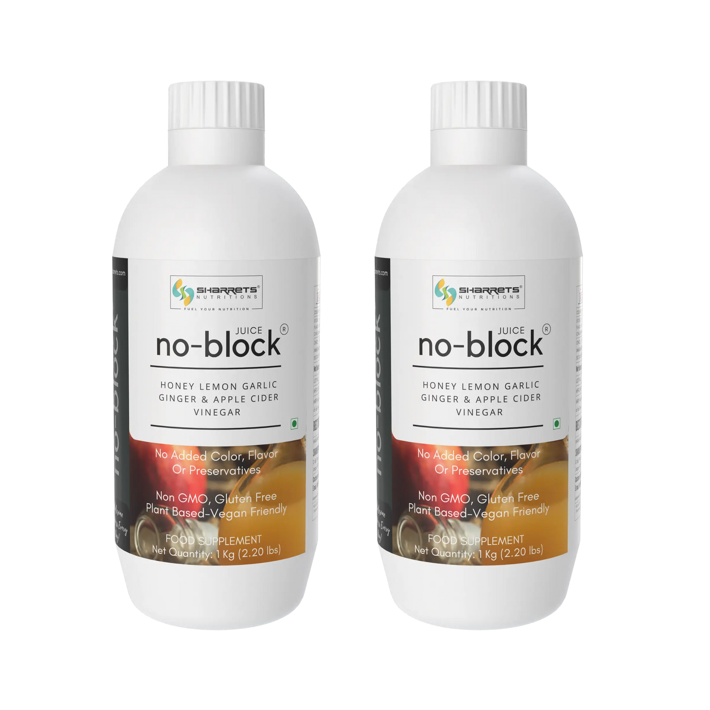 Two bottles of sharrets 'no-block' juice supplement on a white background