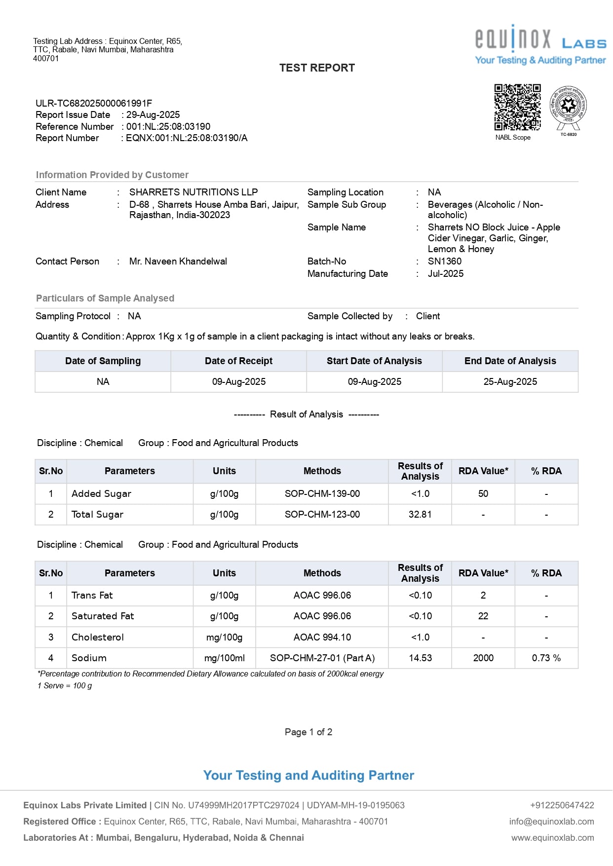No Block Nutritional Profile- COA