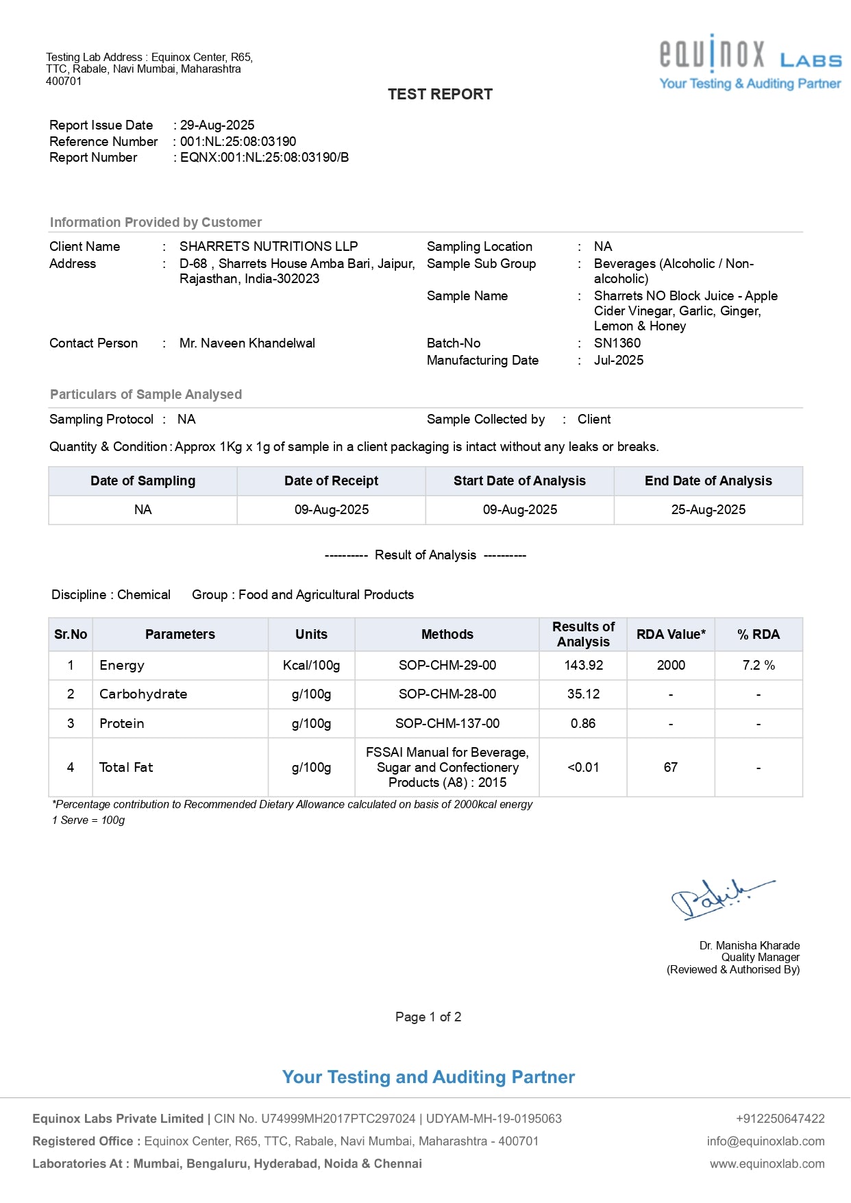 No Block Nutritional Profile- COA