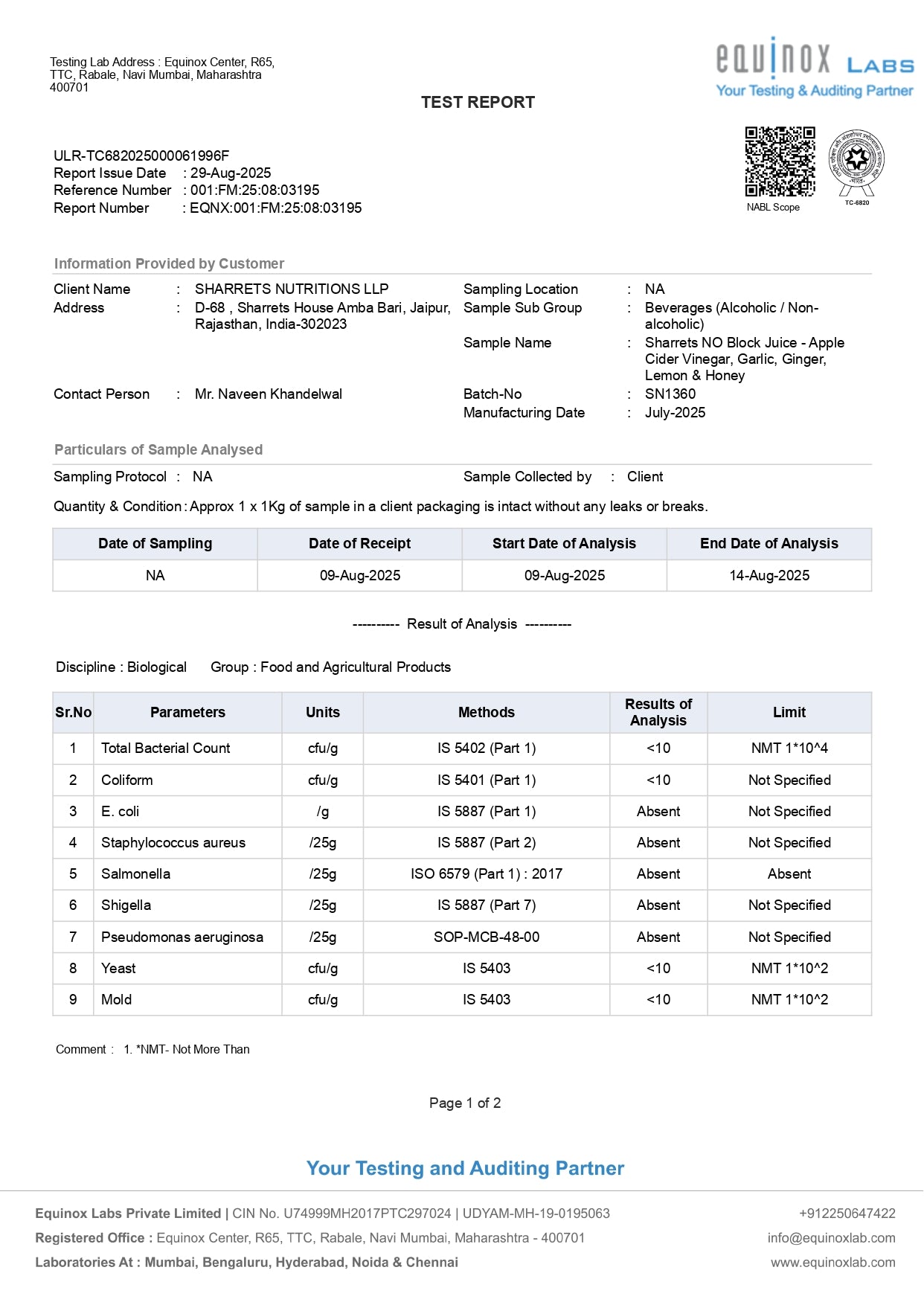 No Block Microbiology COA- Sharrets