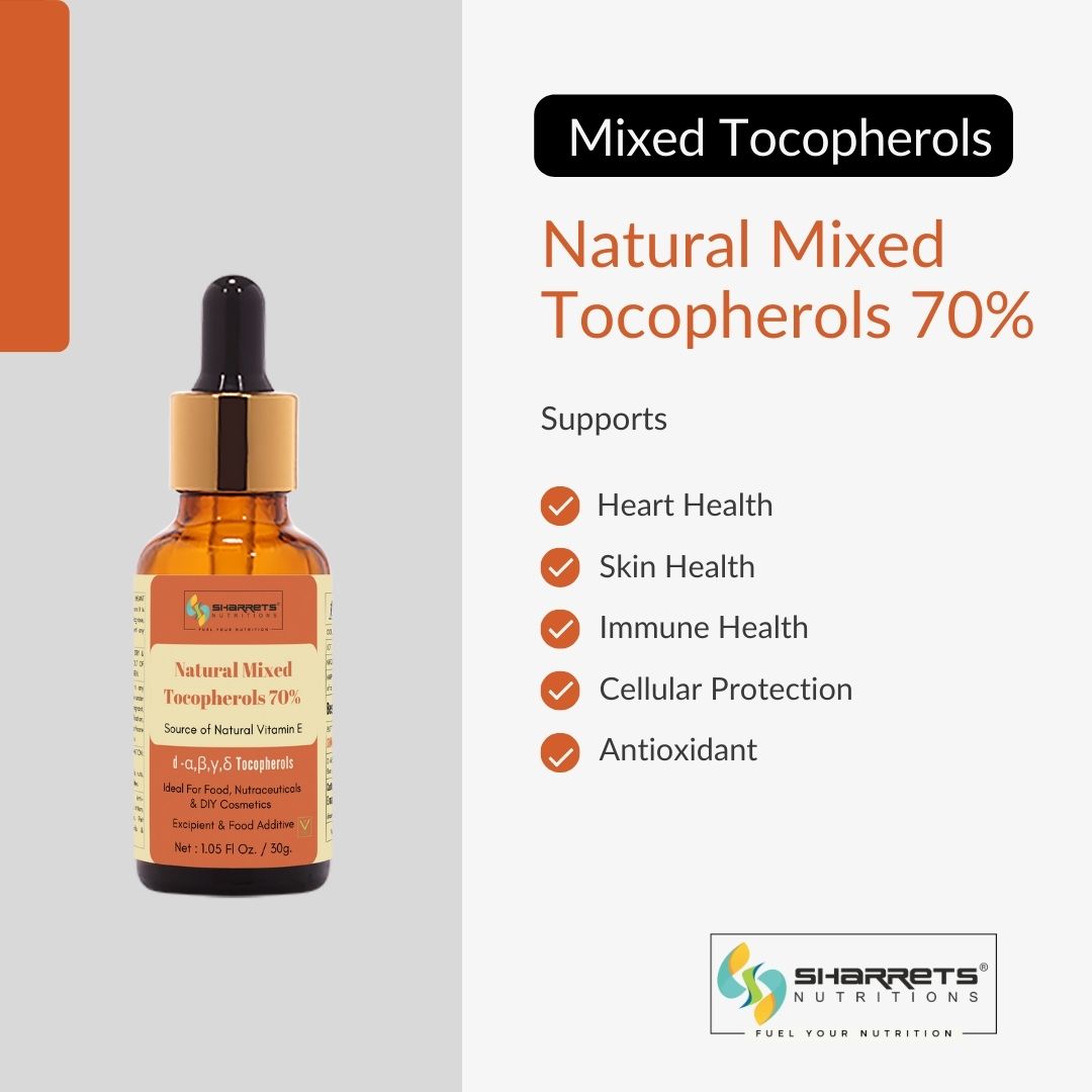 Bottle of Mixed Tocopherols with Sharretts Nutritions logo on a gray background