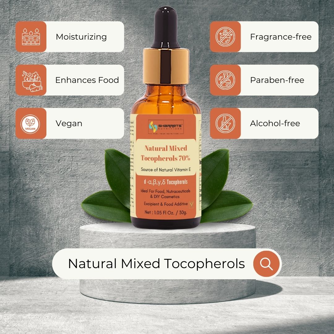 Bottle of natural mixed tocopherols with features listed on a gray background- sharrets
