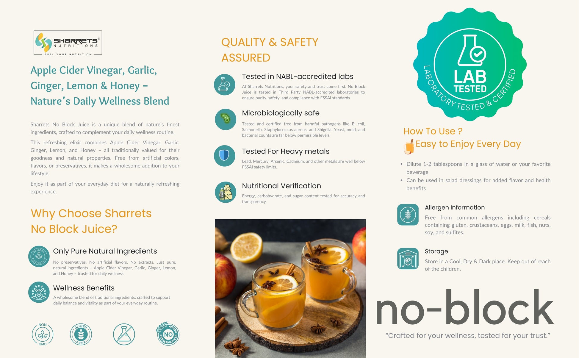 Product information page for Sharret's no-block juice blend with text and images on a white background.