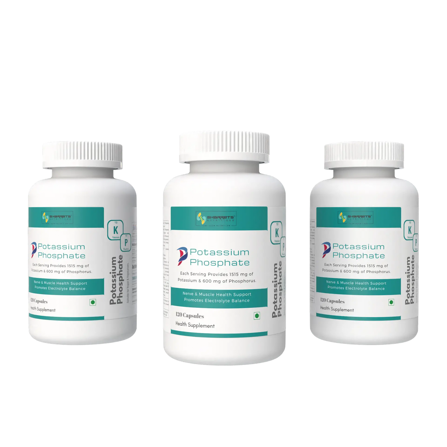 Three bottles of sharrets Potassium Phosphate supplements on a white background