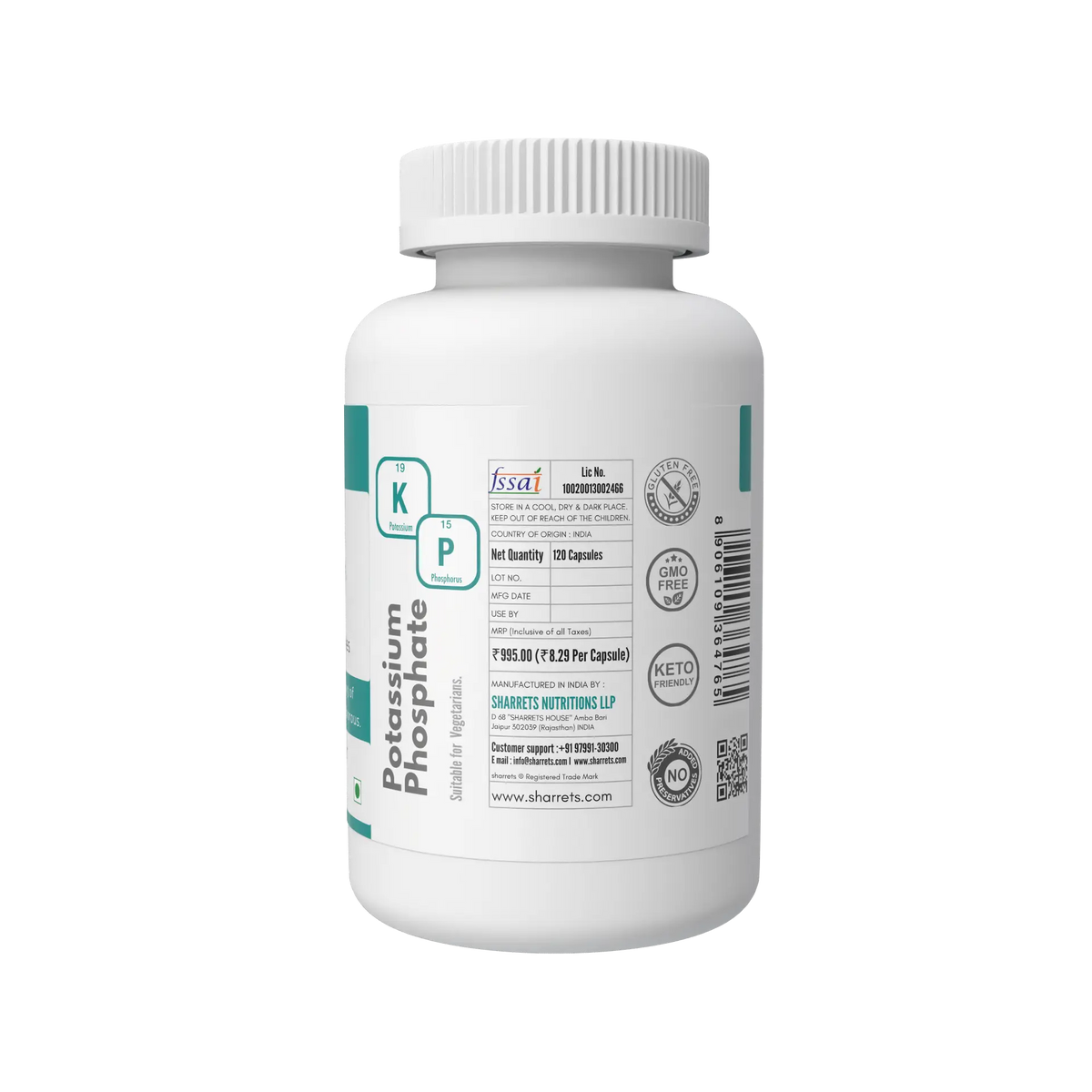 Sharrets Potassium Phosphate Capsules bottle showing FSSAI licence, price and product packaging details