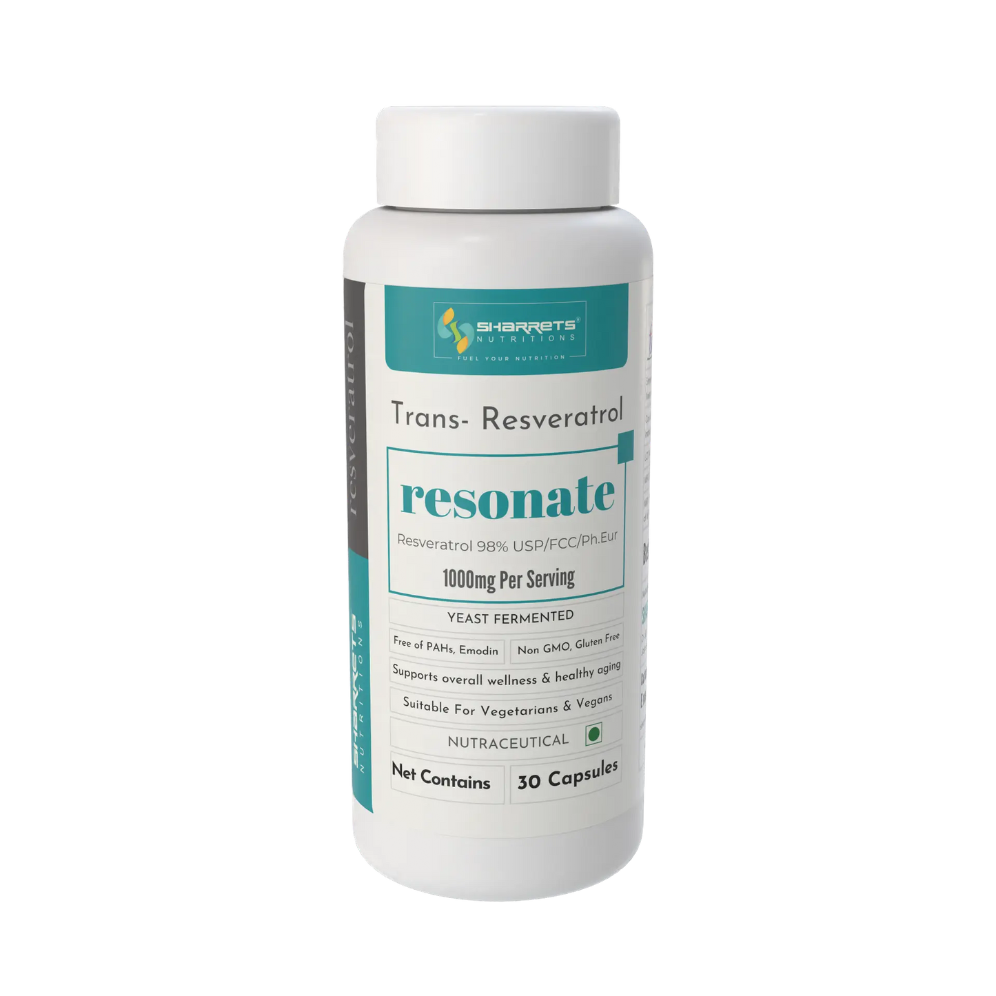 Bottle of Sharrets nutritions Resonate Trans-Resveratrol on a white background