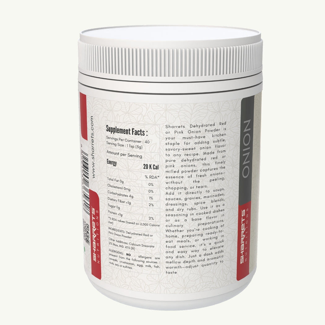 Dehydrated Red or Pink Onion Powder- left image- sharrets nutritions