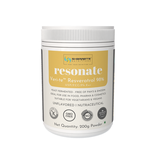 Sharrets Nutritions Resonate Verite Resveratrol 98% powder container on a white background