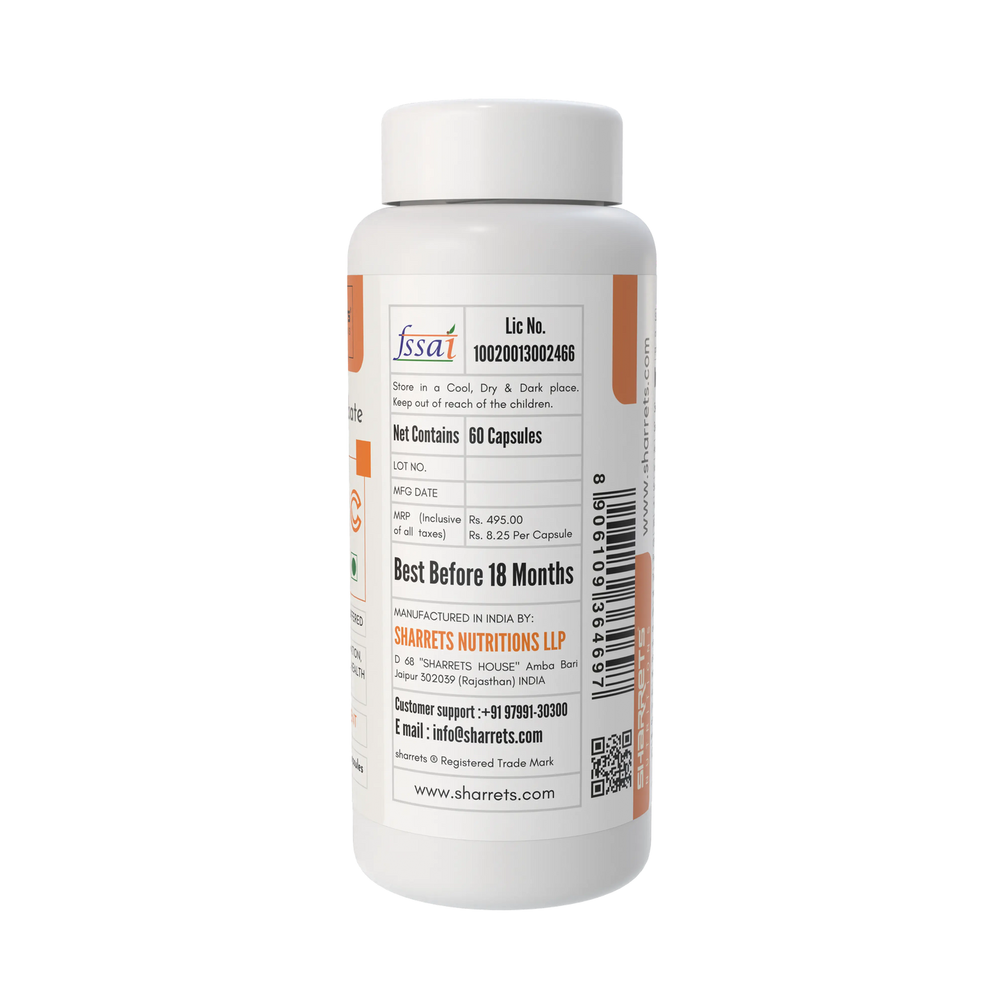 White supplement bottle with label on a white background - Sharrets Sodium Ascorbate Vitamin C Capsules 