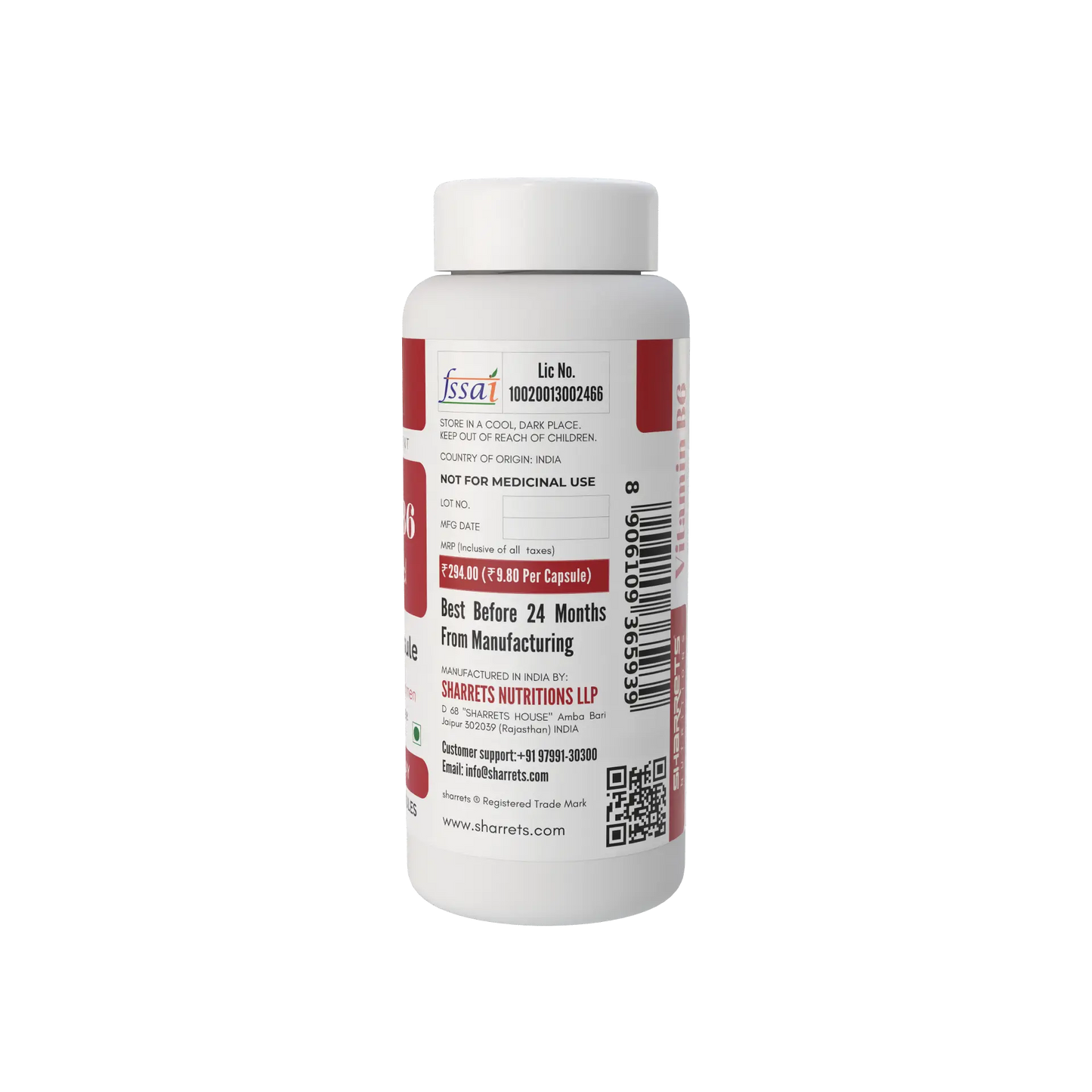 A white plastic bottle of Sharrets Nutritions capsules with a white cap, shown from the back side. The label features red and black text and logos, including the 'fssai' mark at the top.