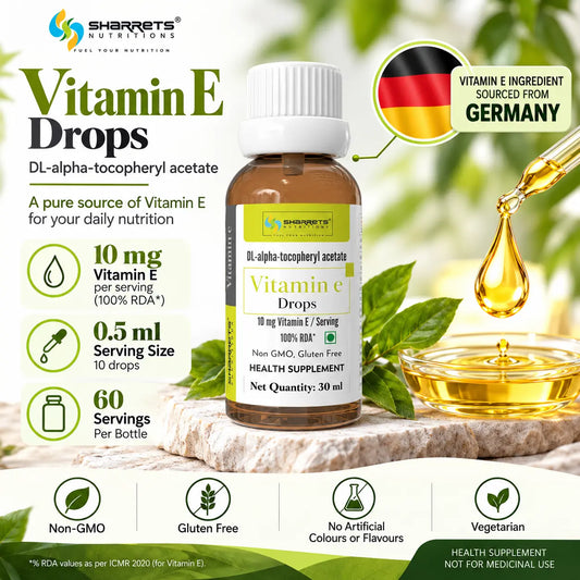 Sharrets Vitamin E Drops 30ml with 10mg Vitamin E per serving, 100% RDA, DL-alpha-tocopheryl acetate sourced from Germany
