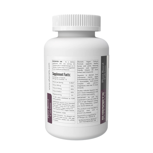 Supplement facts panel of plant based calcium supplement with Aquamin red algae calcium vitamin D3 and K2