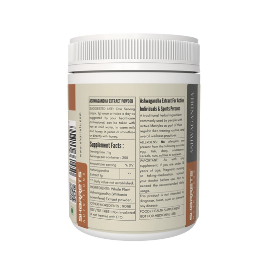 Ashwagandha extract powder nutrition facts and ingredients panel showing Withania somnifera extract composition and supplement details