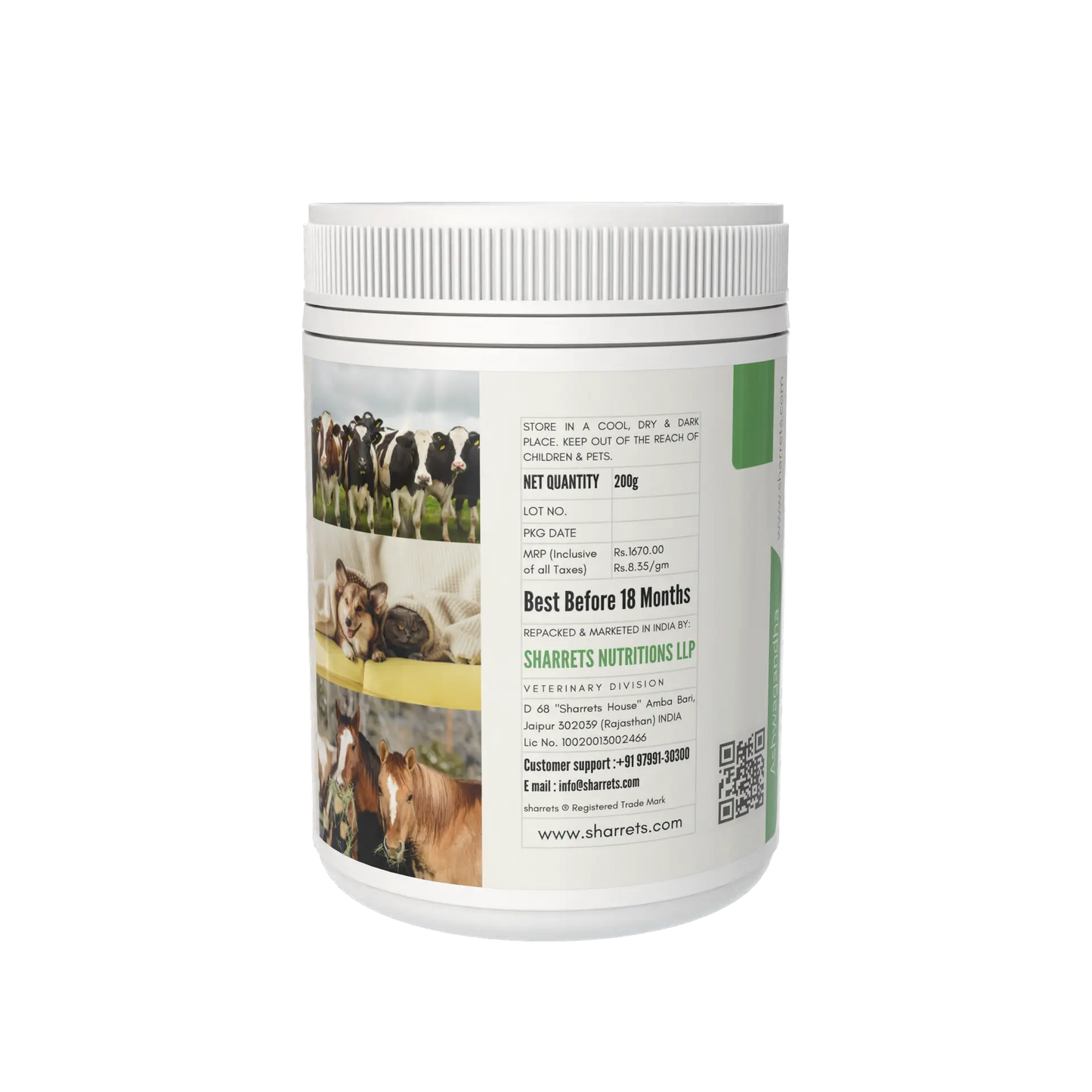 Side label of Sharrets Ashwagandha powder 200g herbal supplement for animals dogs cats horses and livestock