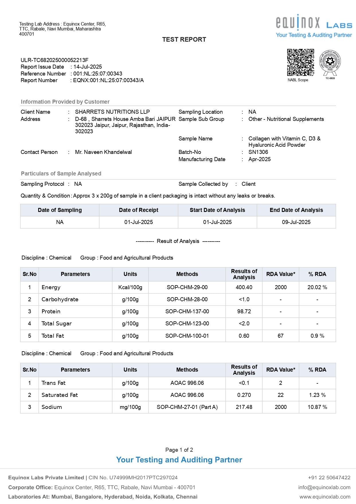 BCH+ Hydrolyzed Bovine Collagen Peptides COA- Sharrets