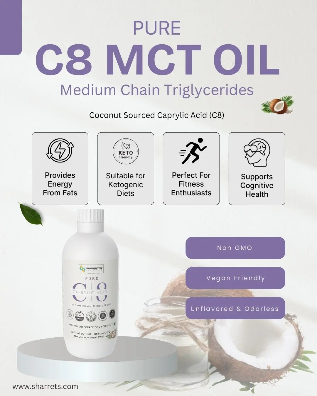 Information image of Pure C8 MCT Oil (Caprylic Acid) from Coconut | Keto-Friendly| Sharrets Nutritions