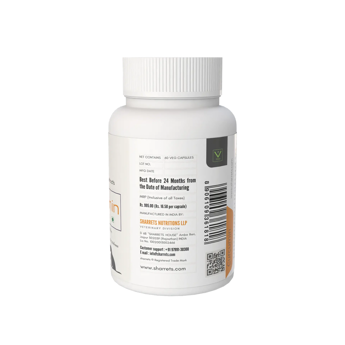 White supplement bottle with label on a white background - Curcumin Piperine Capsules For Pets