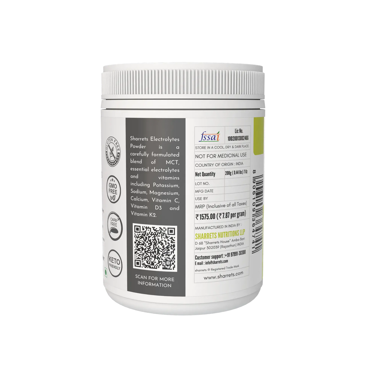 A white plastic tub of Sharrets Electrolytes Powder shown from the back, displaying detailed product information, ingredients, and a QR code on a clean white background.