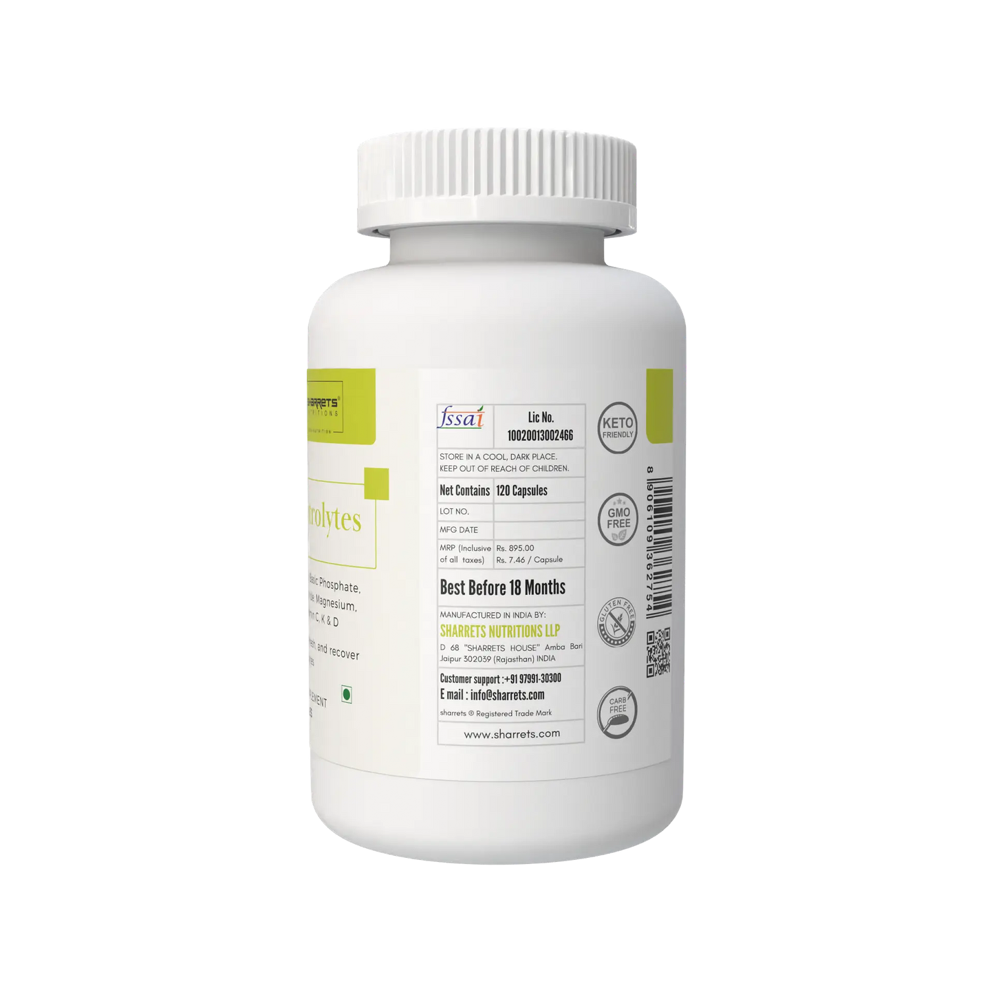 White supplement bottle with label on a white background - Electrolytes Supplement Capsules For Hydration & Energy