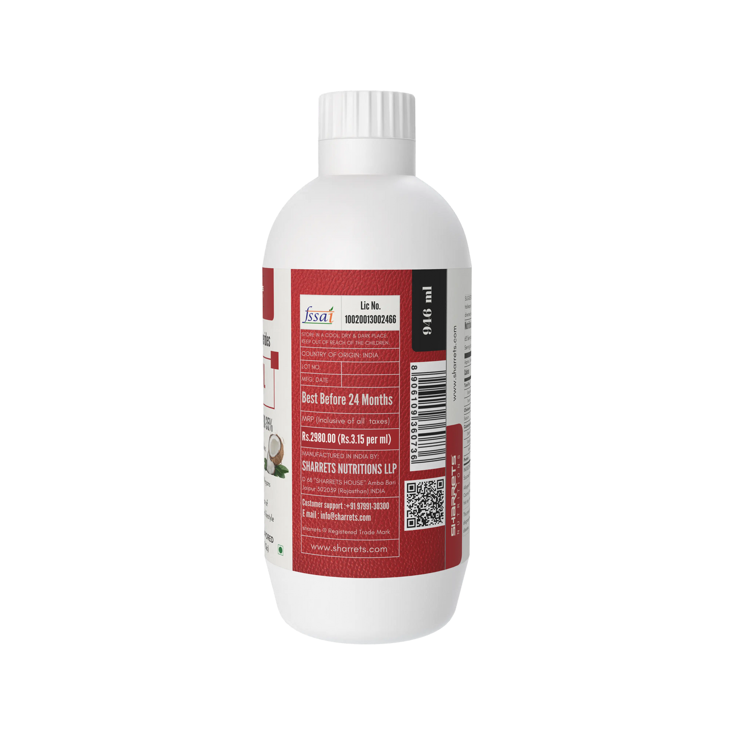 White bottle with a red label on a white background - sharrets keto mct oil