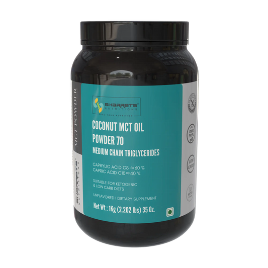 Sharrets Coconut MCT Oil Powder 70% 1kg jar – premium C8 C10 MCT powder for keto nutrition and performance
