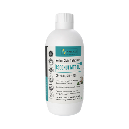 Bottle of sharrets coconut MCT oil 500ml on a white background