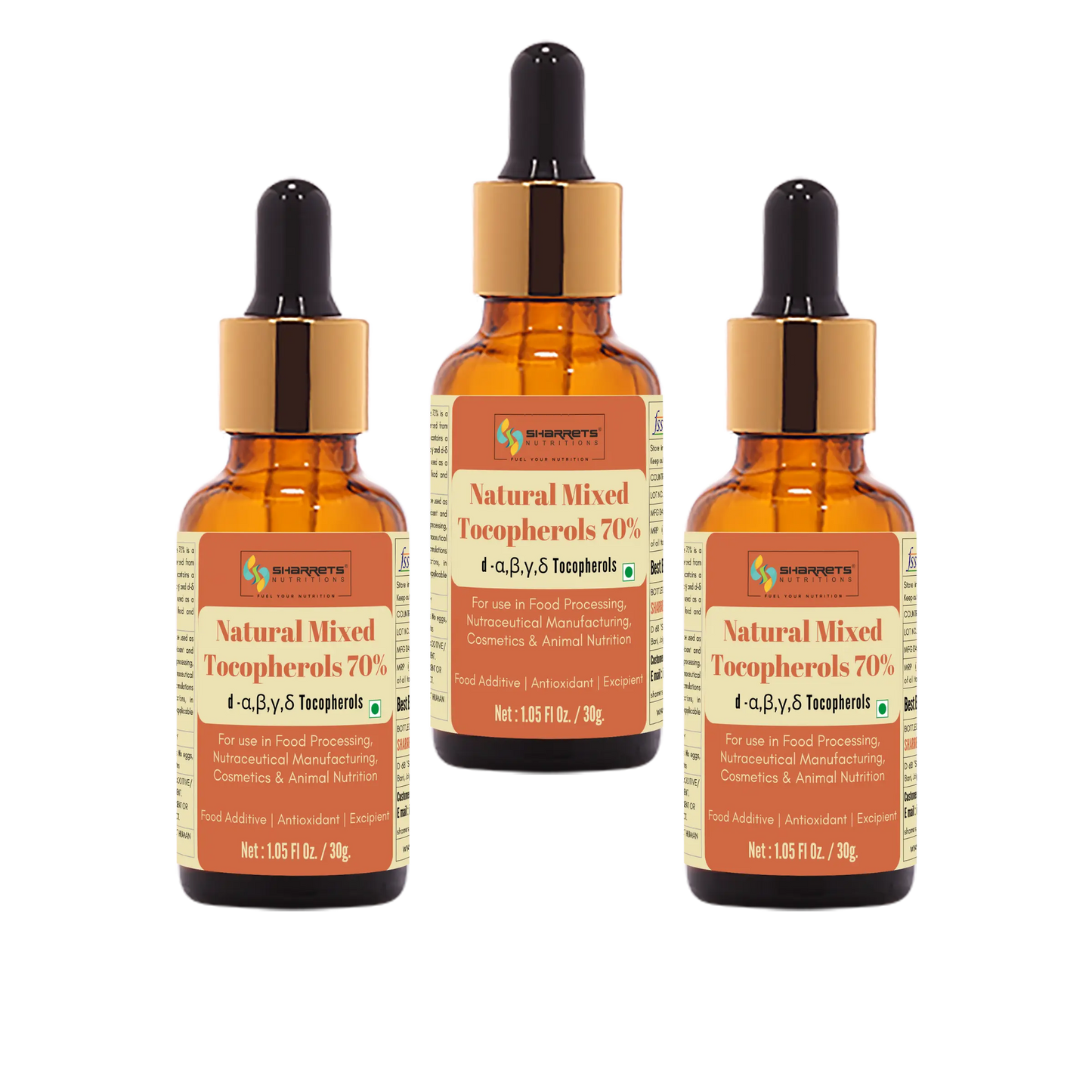 Natural Mixed Tocopherols Oil 70% INS 307 30g x3 bottle pack by Sharrets Nutritions natural food antioxidant vitamin E oil