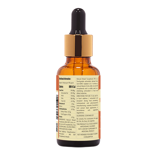 Ingredients panel of Natural Mixed Tocopherols Oil 70 percent INS 307 natural vitamin E antioxidant
