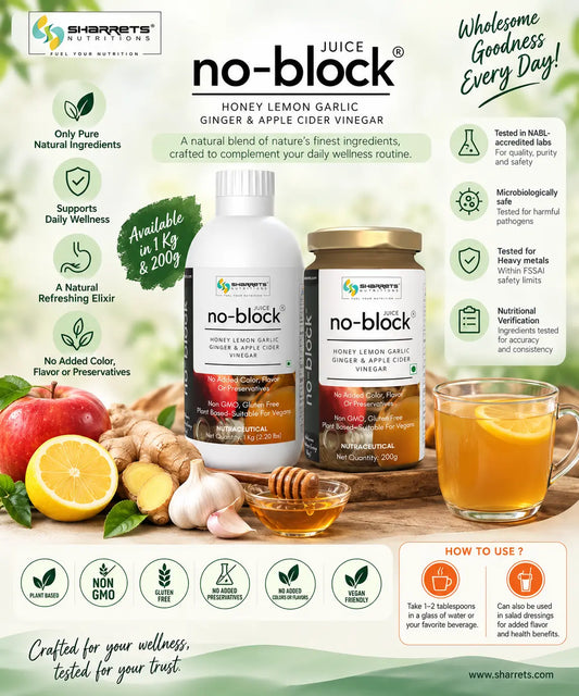 Sharrets No Block Juice available in 200g and 1kg sizes, featuring honey, lemon, garlic, ginger and apple cider vinegar with product benefits and usage information