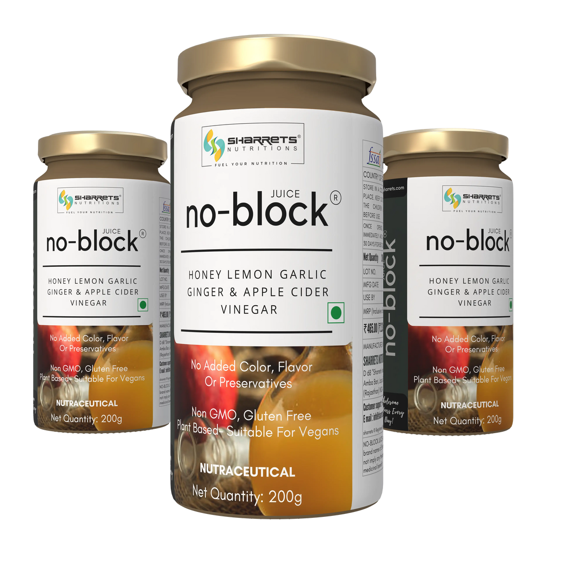 Sharrets No Block Juice 200g three-bottle pack with honey, lemon, garlic, ginger and apple cider vinegar