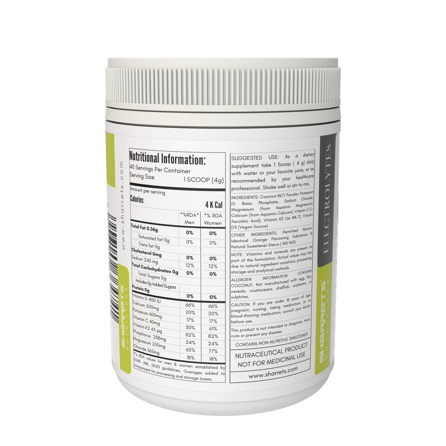 orange flavored 200g Electrolyte powder nutrition facts label showing vitamins minerals and hydration support ingredients