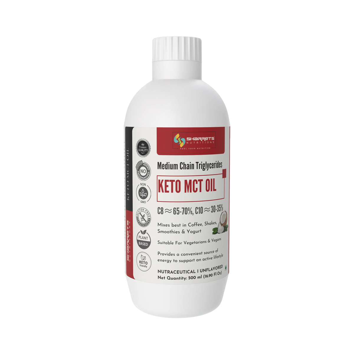 Premium Keto MCT Oil C8 C10 70:30 blend for energy focus and keto diet by Sharrets Nutritions - 500ml